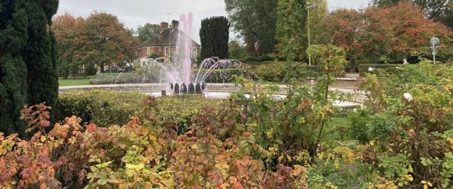WGC Town Centre pink fountain in autumn